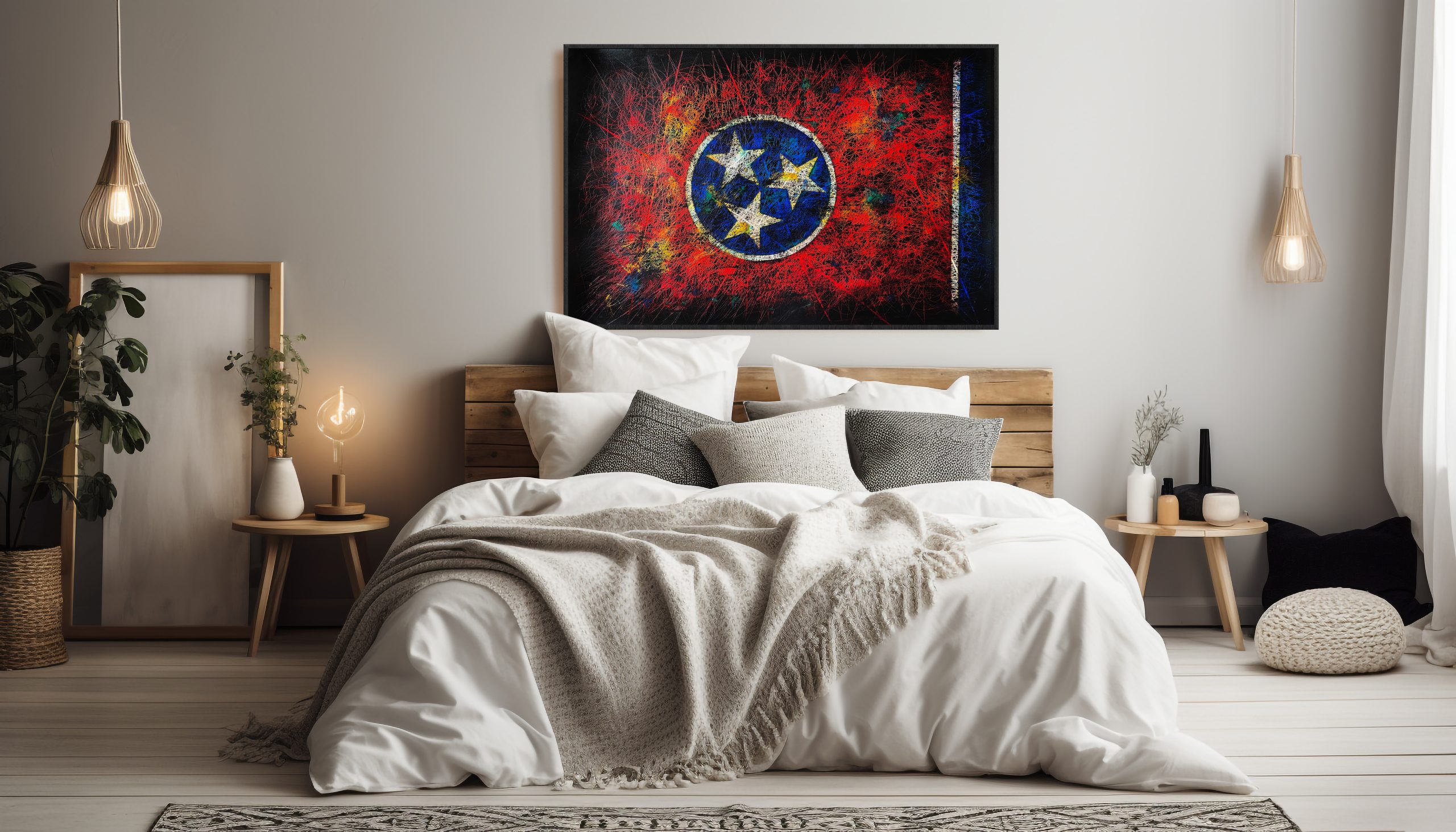 Comfortable modern bedroom with elegant wood headboard with Hand painted Flag of Tennessee Comfortable modern bedroom with elegant wood headboard with Hand painted Flag of Tennessee