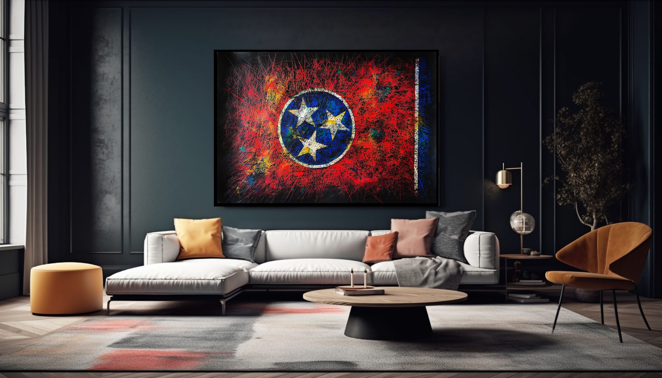 Modern apartment with comfortable sofa and Framed Hand painted Flag of Tennessee State as Modern Interior Wall Decor Modern apartment with comfortable sofa and Framed Hand painted Flag of Tennessee State as Modern Interior Wall Decor