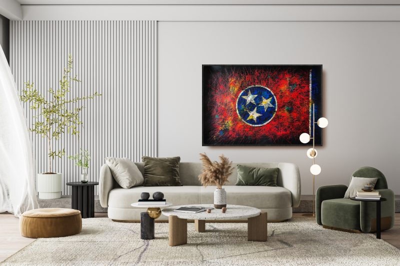 Framed Hand painted Flag of Tennessee State as Modern Living Room Interior Wall Decor