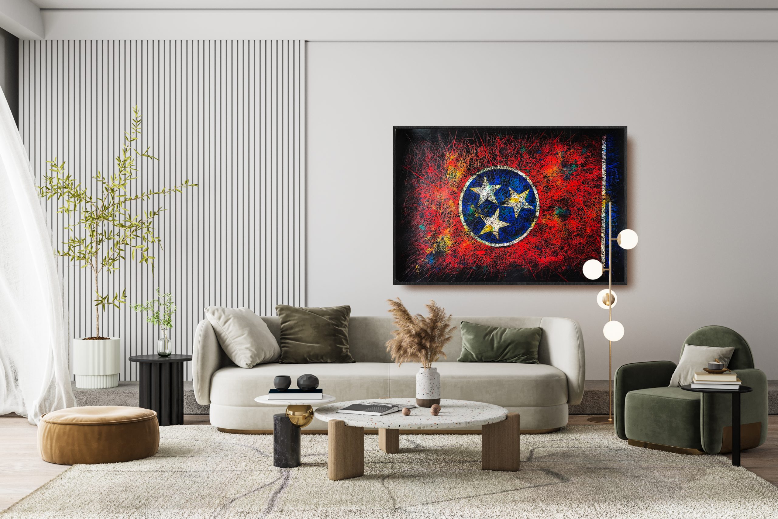 Framed Hand painted Flag of Tennessee State as Modern Living Room Interior Wall Decor Framed Hand painted Flag of Tennessee State as Modern Living Room Interior Wall Decor