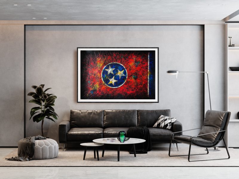 Framed Hand painted Flag of Tennessee State as Modern Living Room Interior Wall Decor