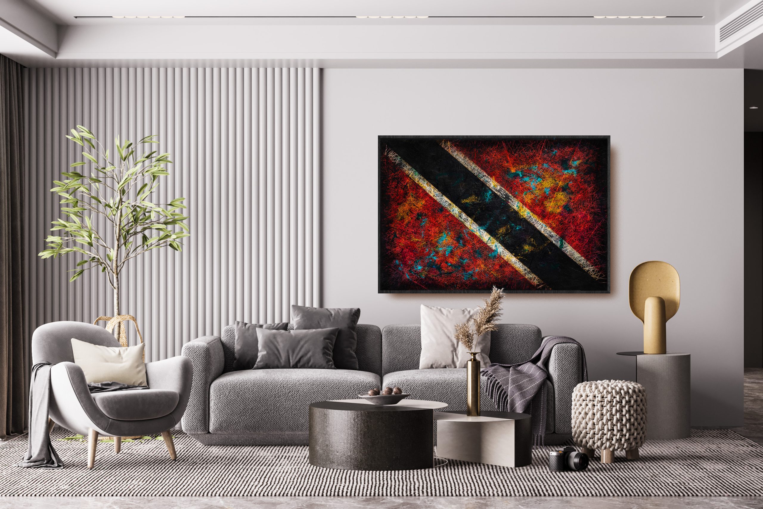 Framed Trinidad and Tobago Flag hanging on the wall Framed Trinidad and Tobago Flag hanging on the wall