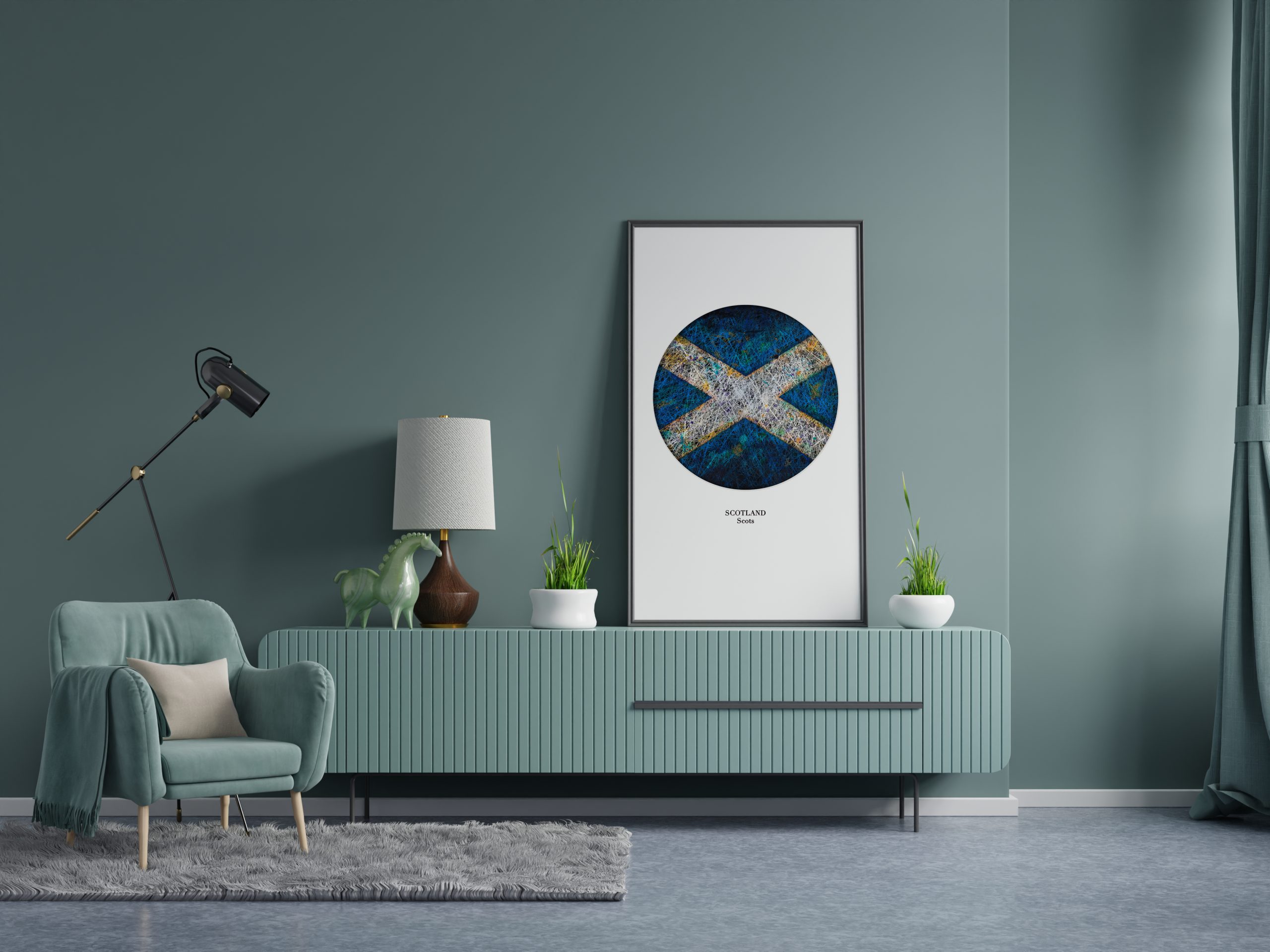 Framed Print of Scotland on dark green wall living room interior