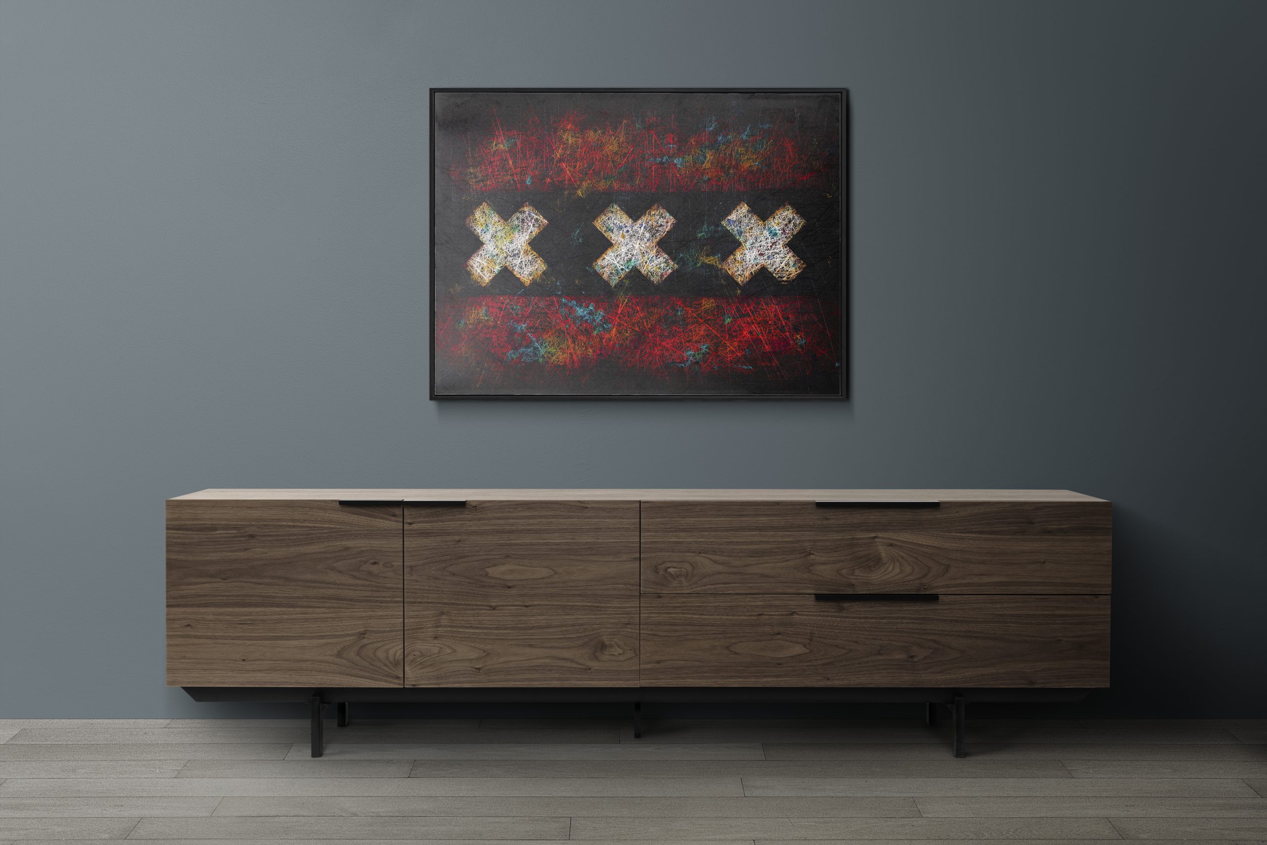 Picture frame mockup psd hanging in modern living room home deco