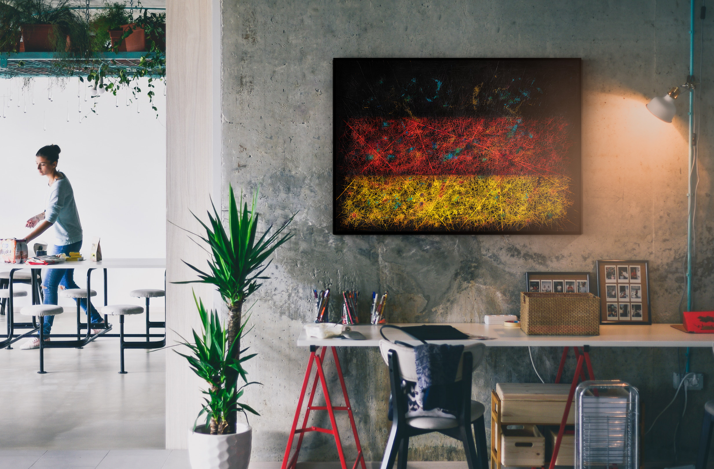 Flag of Germany hanging in loft living room home decor interior Flag of Germany hanging in loft living room home decor interior