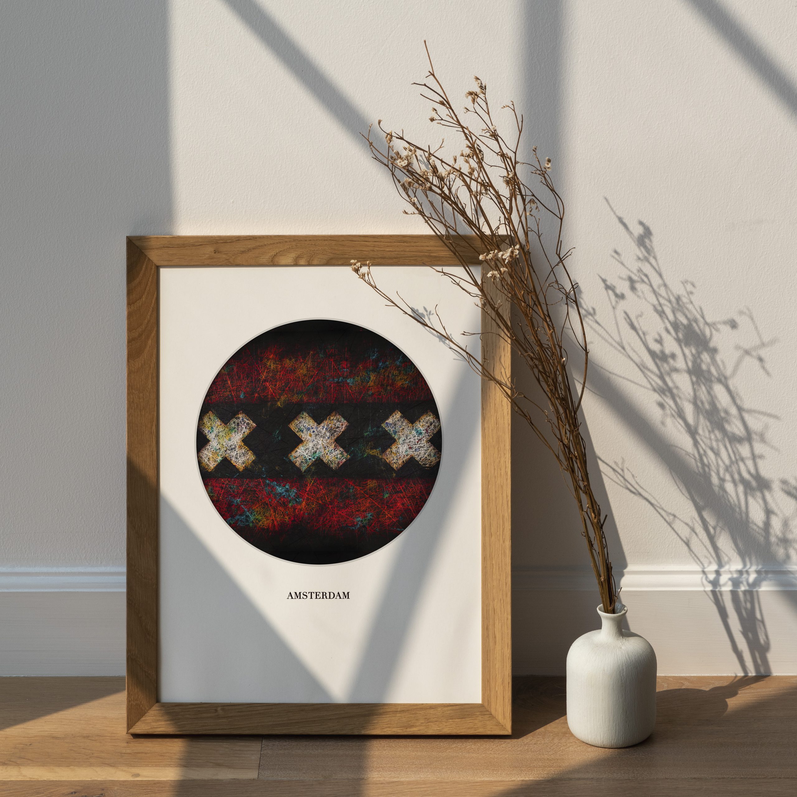 Dried white statice flower in a white vase by a wooden frame mo Dried white statice flower in a white vase by a wooden frame