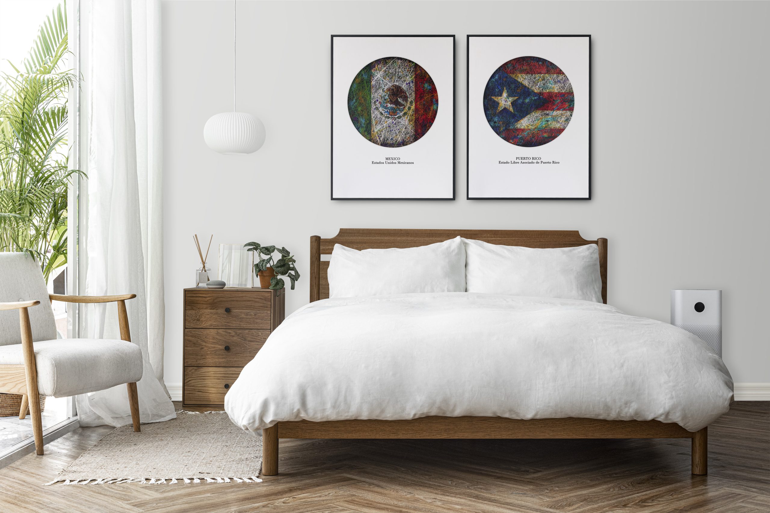 Picture frame mockup psd in a bright and clean modern bedroom