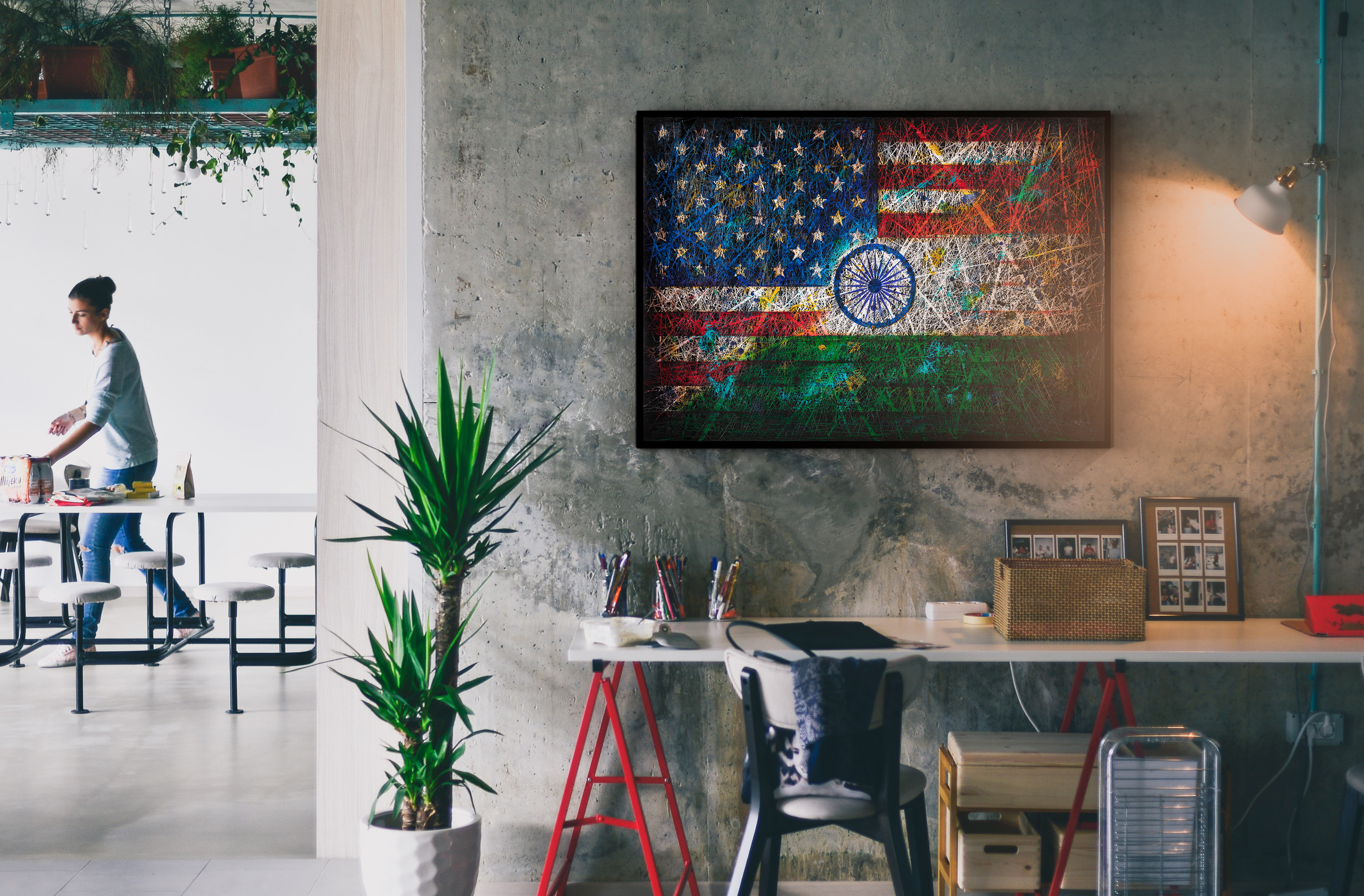 Printed Poster of USA& India Flags as Industrial Style Wall Decor