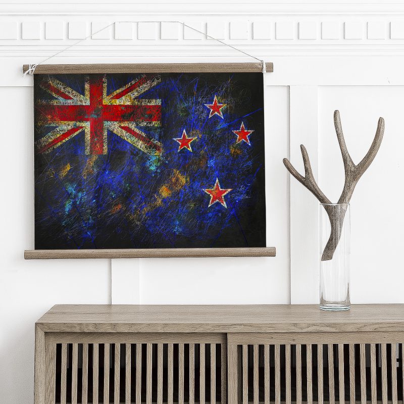 Hand painted Flag of New Zealand in Magnetic wooden Frame above a wooden cabinet