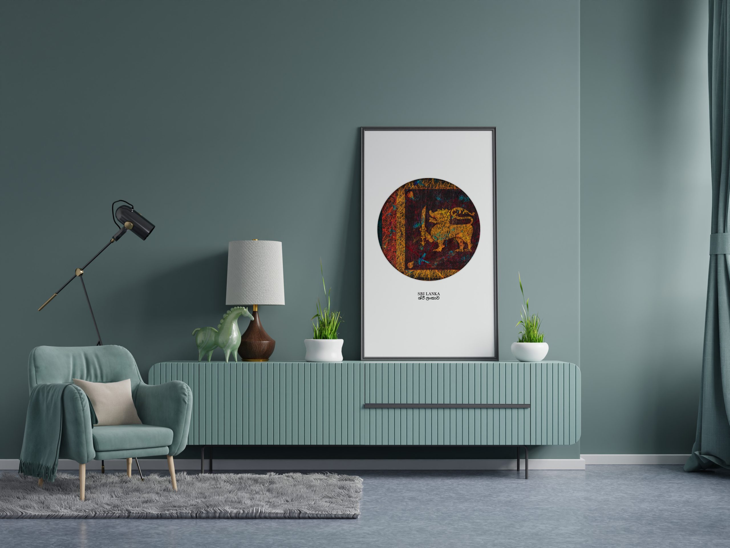 Framed Print of Sri Lanka on dark green wall living room interior Framed Print of Sri Lanka on dark green wall living room interior