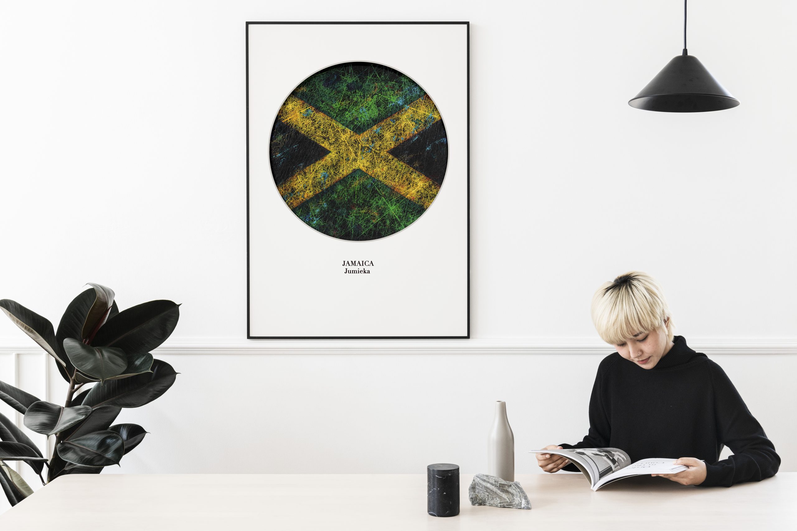 Blond haired Asian woman reading a magazine in interior decorated with Framed Jamaican Flag Poster Blond haired Asian woman reading a magazine in interior decorated with Framed Jamaican Flag Poster