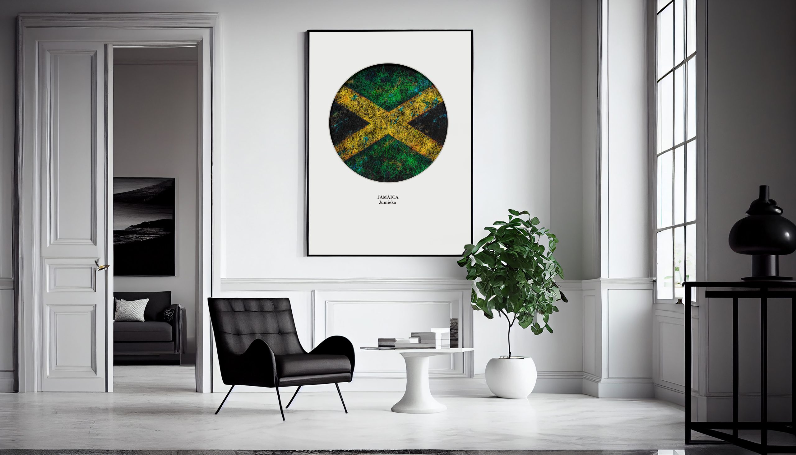 Printed Flag of Jamaica Poster on Modern apartment with elegant decor Living Room wall Printed Flag of Jamaica Poster on Modern apartment with elegant decor Living Room wall
