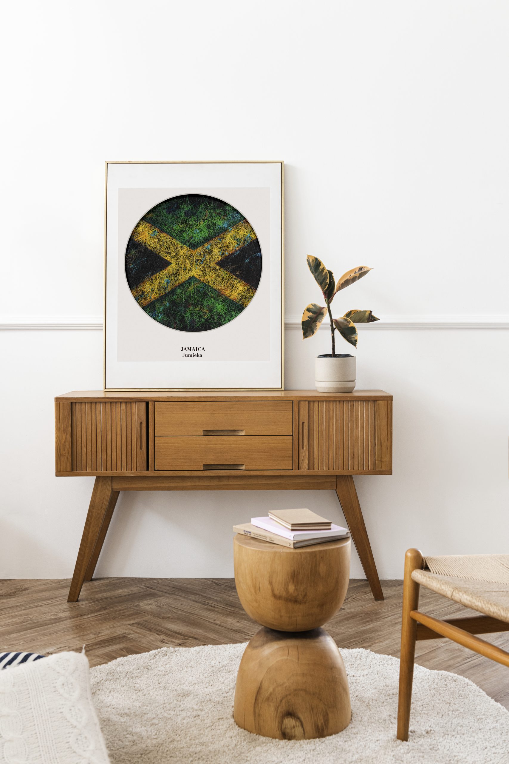 Jamaican Flag poster on a cabinet with Scandinavian home interior Jamaican Flag poster on a cabinet with Scandinavian home interior