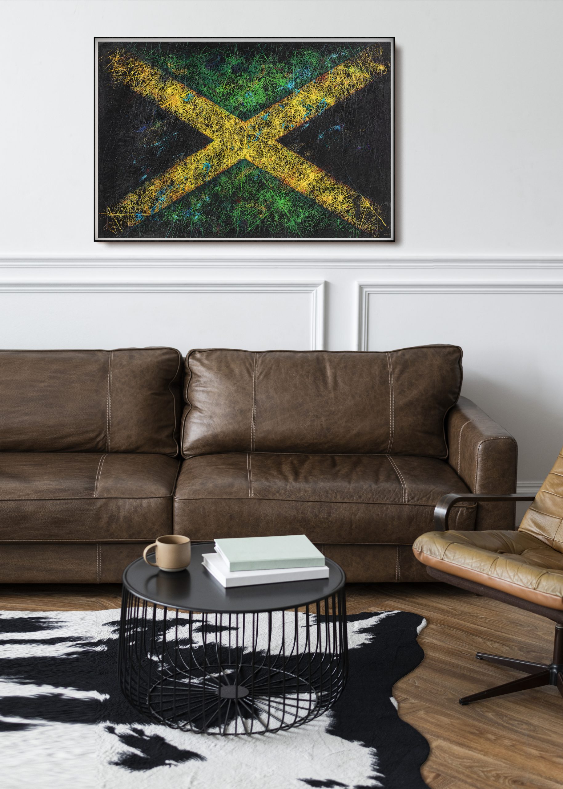 Modern industrial luxury style living room interior with leather couch and a coffee table and Jamaica Flag Modern industrial luxury style living room interior with leather couch and a coffee table and Jamaica Flag