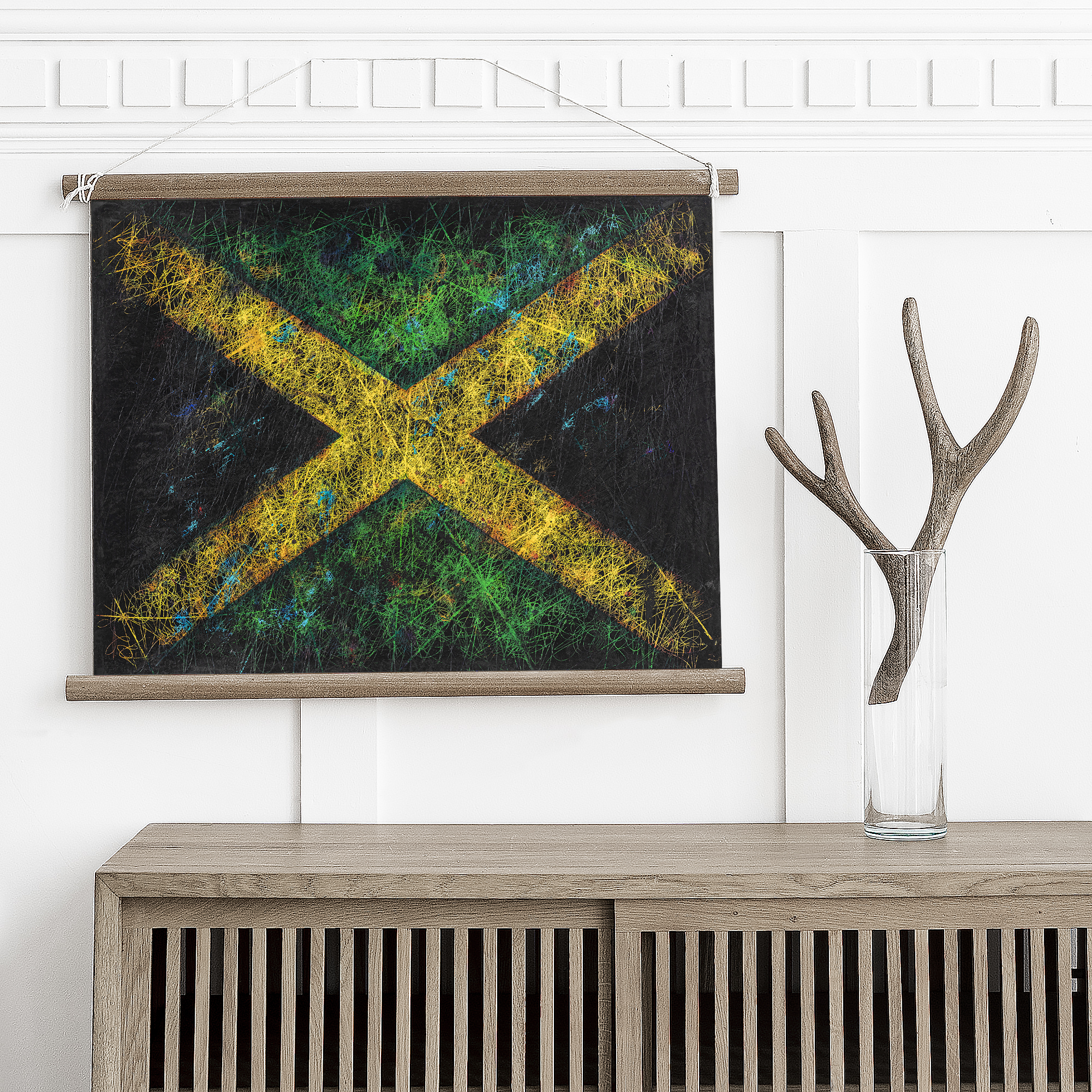 Hand painted Flag of Jamaica in Magnetic wooden Frame above a wooden cabinet Hand painted Flag of Jamaica in Magnetic wooden Frame above a wooden cabinet