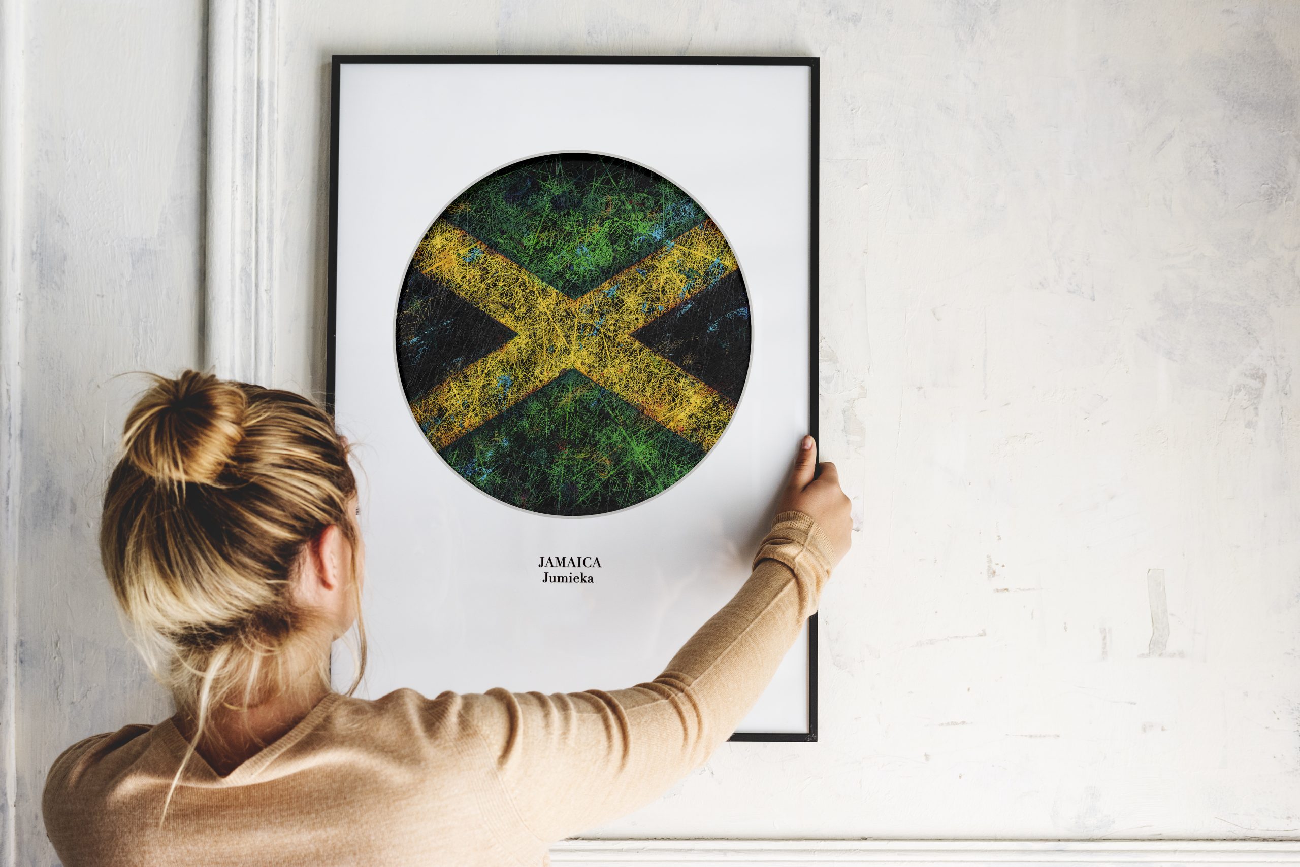 Print of Flag of Jamaica hanging in modern living room home Print of Flag of Jamaica hanging in modern living room home