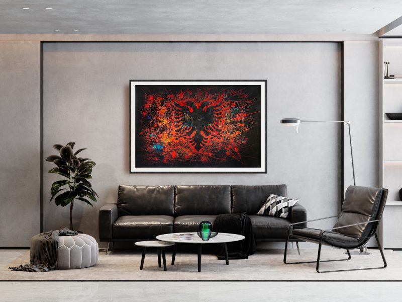 Framed Hand painted Flag of Albania as Modern Living Room Interior Wall Decor