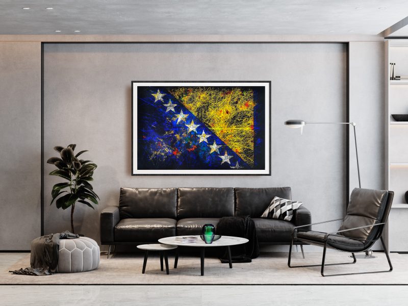 Framed Hand painted Flag of Bosnia and Herzegovina in industrial Style living Room