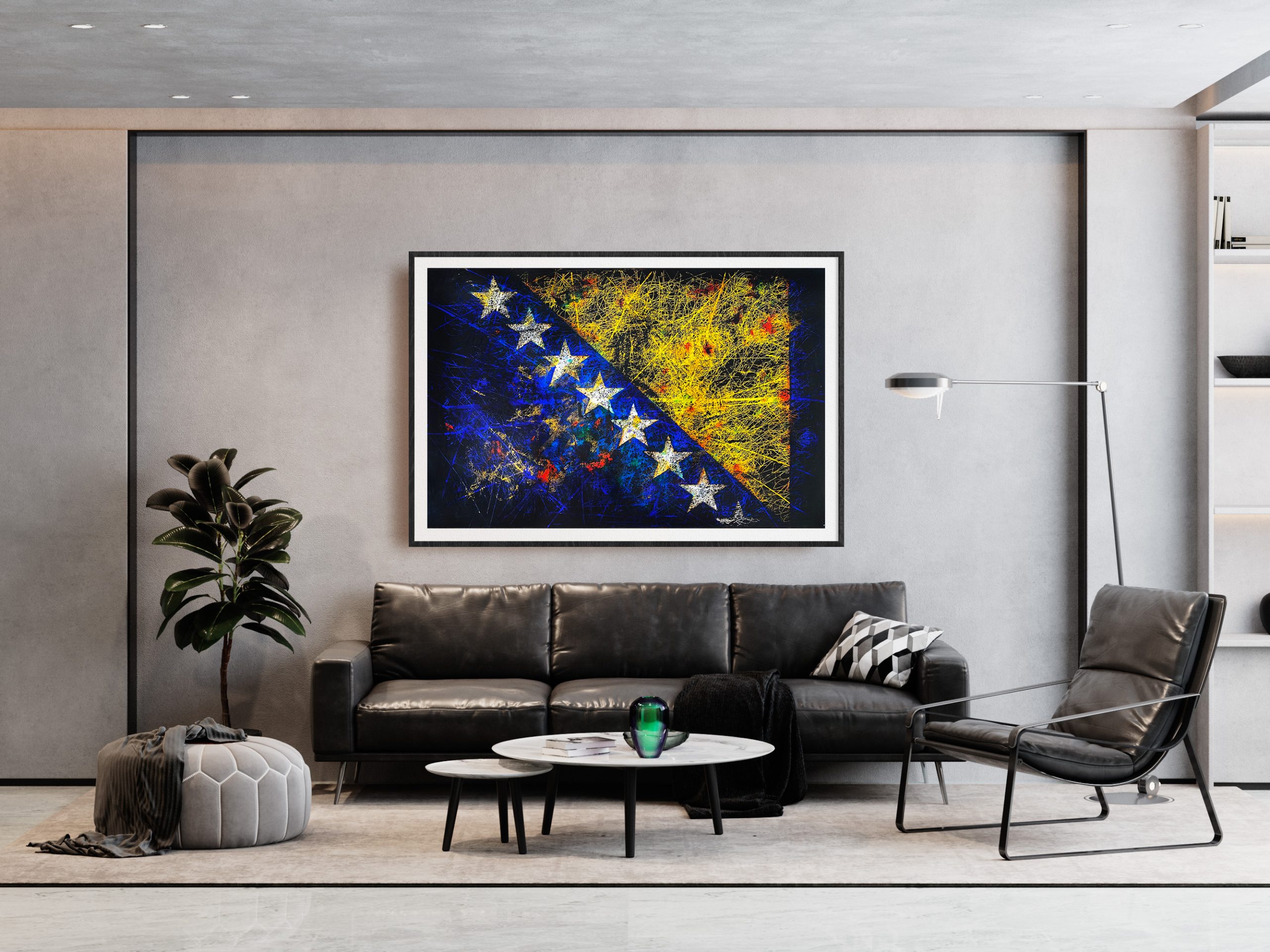 Framed Hand painted Flag of Bosnia and Herzegovina in industrial Style living Room Framed Hand painted Flag of Bosnia and Herzegovina in industrial Style living Room