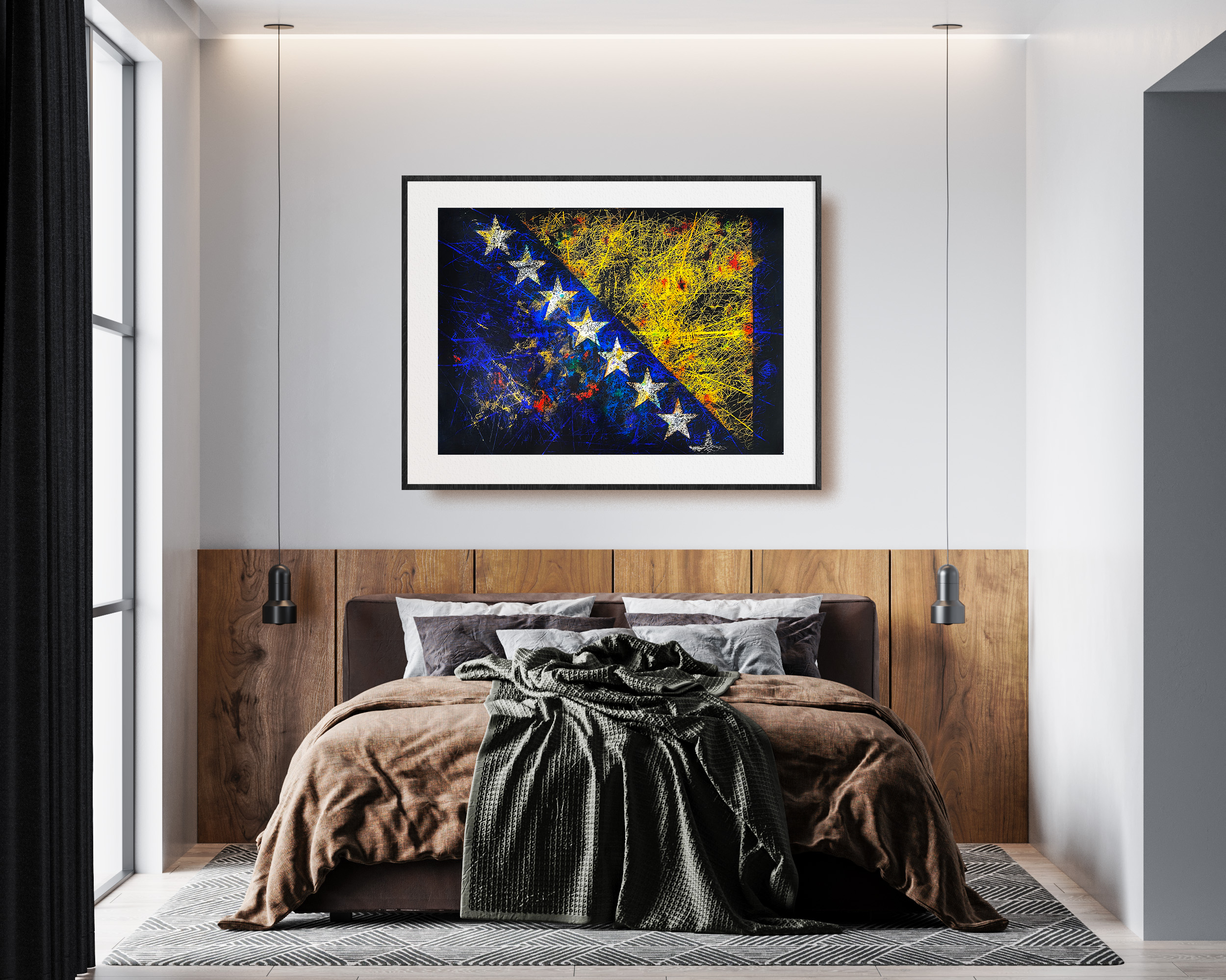 Framed Hand painted Flag of Bosnia and Herzegovina in Bedroom Framed Hand painted Flag of Bosnia and Herzegovina in Bedroom