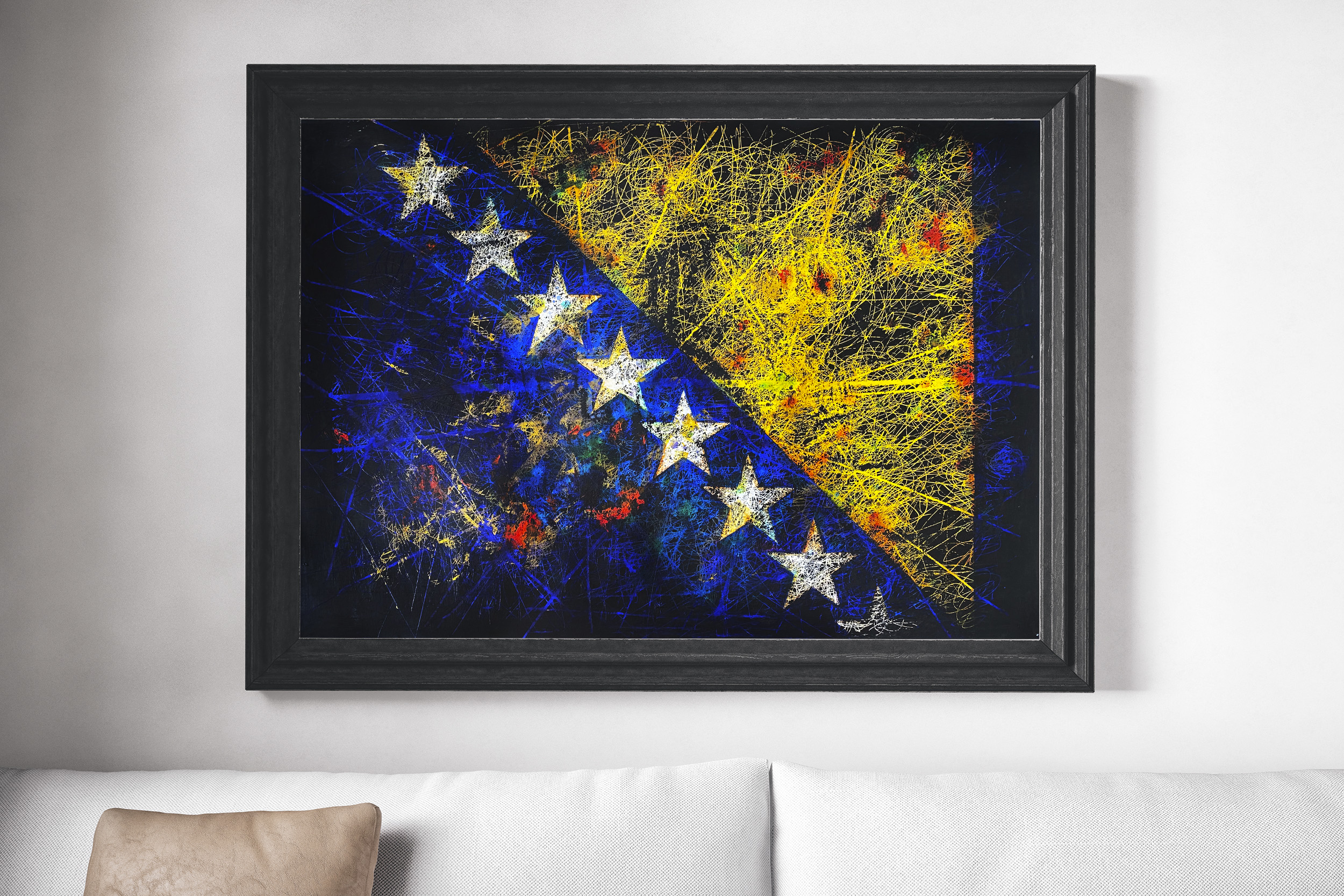 Framed Hand painted Flag of Bosnia and Herzegovina in living Room Framed Hand painted Flag of Bosnia and Herzegovina in living Room