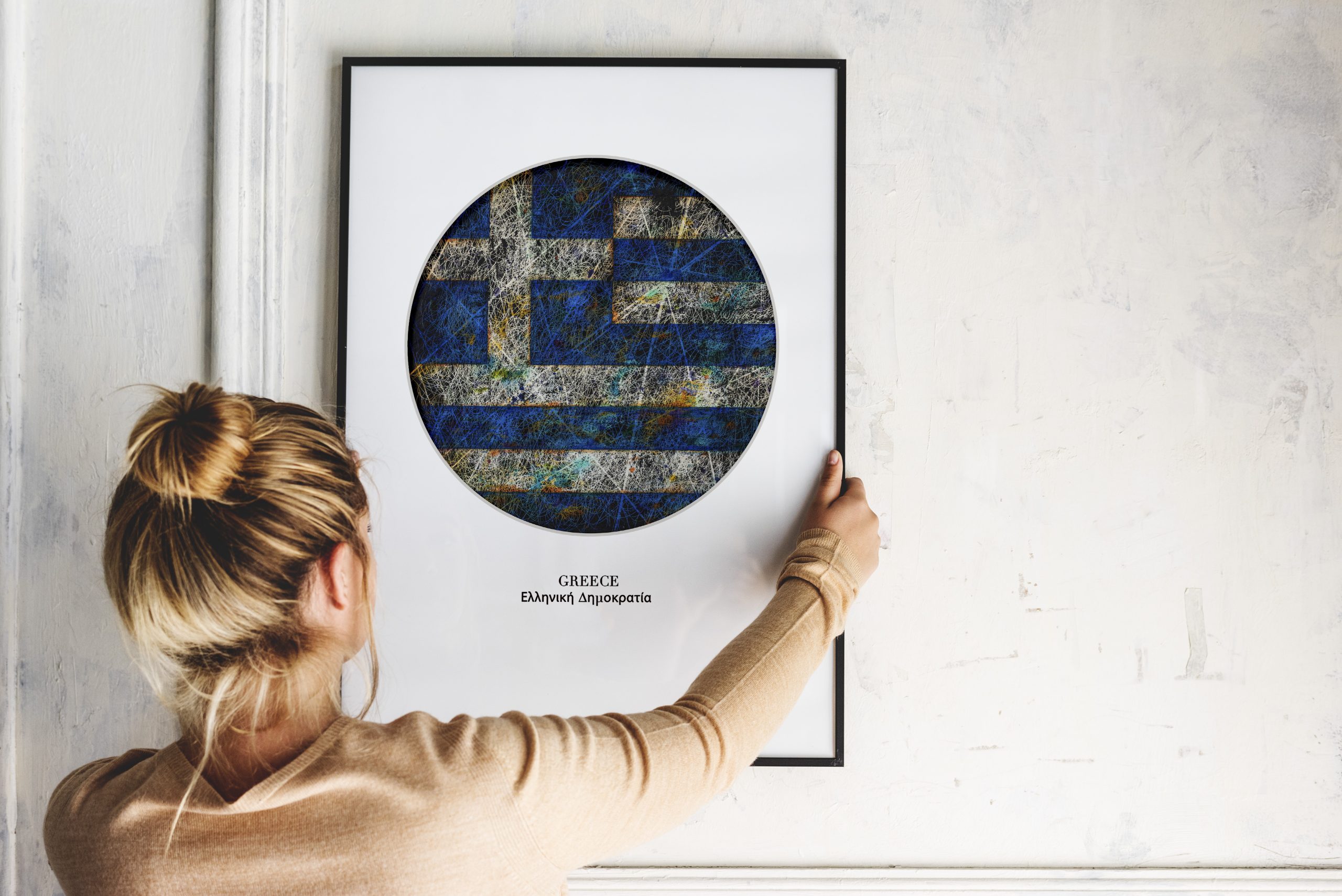 Print of Flag of Greece hanging in modern living room home Print of Flag of Greece hanging in modern living room home