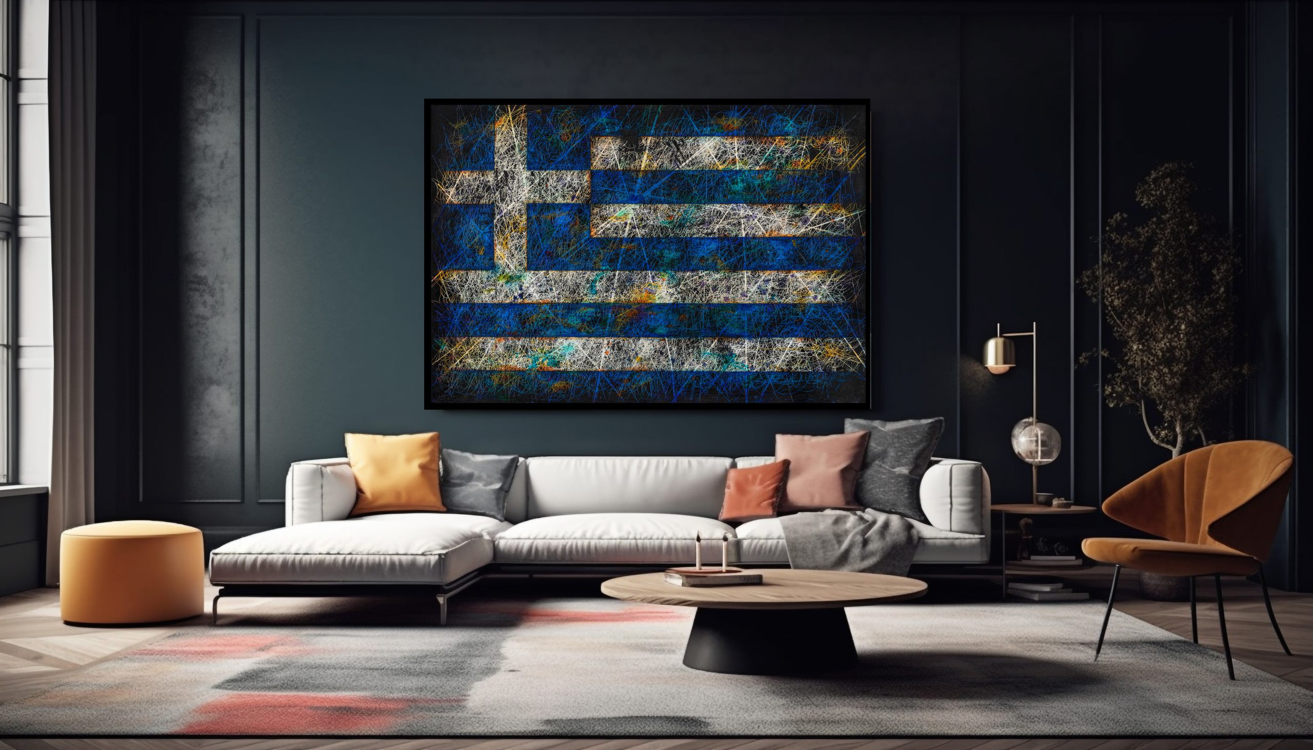 Modern apartment with comfortable sofa and Framed Flag of Greece as Modern Interior Wall Decor Modern apartment with comfortable sofa and Framed Flag of Greece as Modern Interior Wall Decor