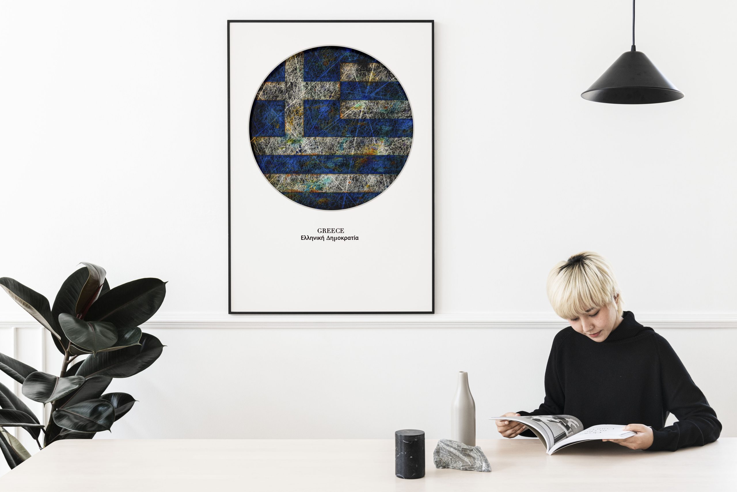 Blond haired Asian woman reading a magazine in interior decorated with Framed Greece Flag Poster Blond haired Asian woman reading a magazine in interior decorated with Framed Greece Flag Poster
