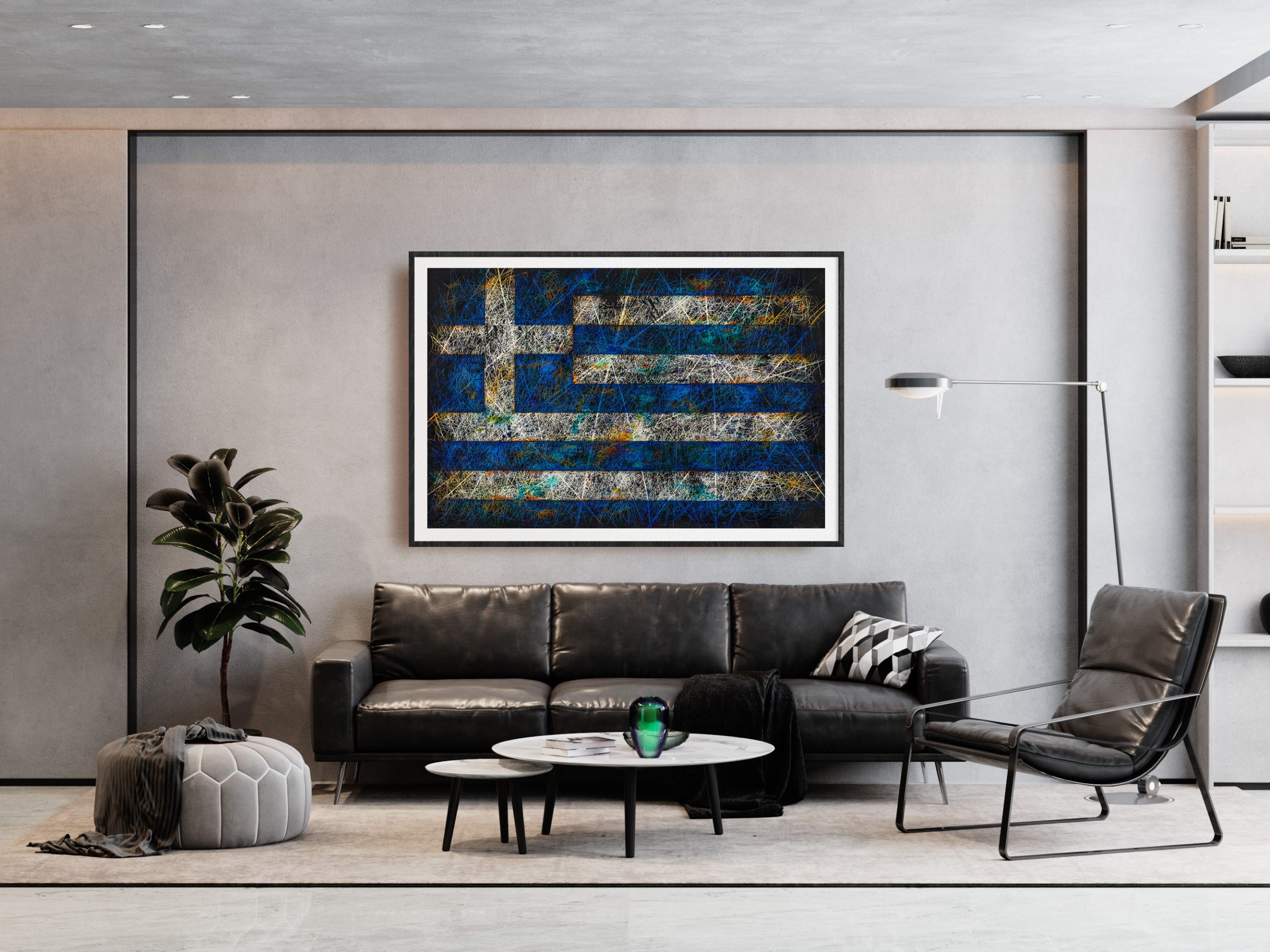 Modern apartment with comfortable sofa and Framed Flag of Greece as Modern Interior Wall Decor Modern apartment with comfortable sofa and Framed Flag of Greece as Modern Interior Wall Decor