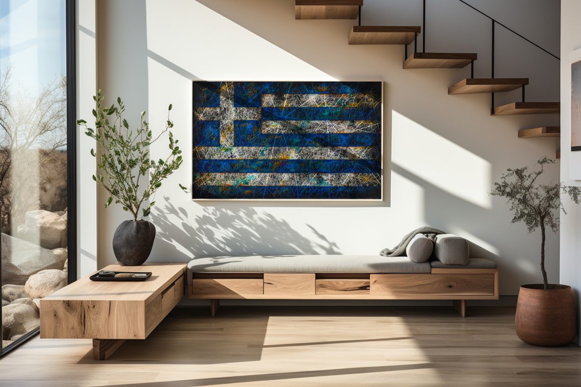 Modern apartment with comfortable white sofa and Framed Flag of Greece as Modern Interior Wall Decor