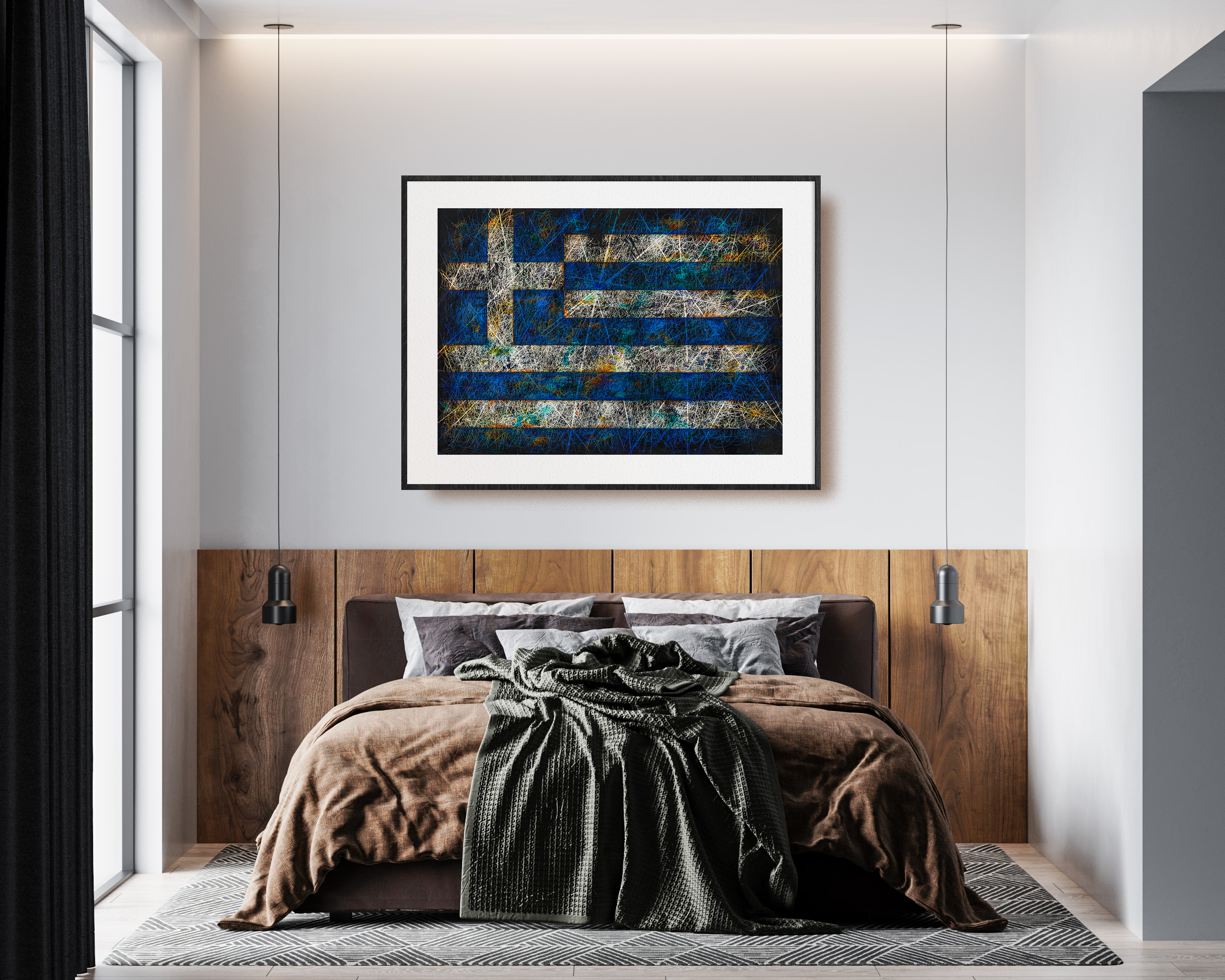 Comfortable modern bedroom with elegant wood headboard and Framed Flag of Greece as Modern Interior Wall Decor Comfortable modern bedroom with elegant wood headboard and Framed Flag of Greece as Modern Interior Wall Decor