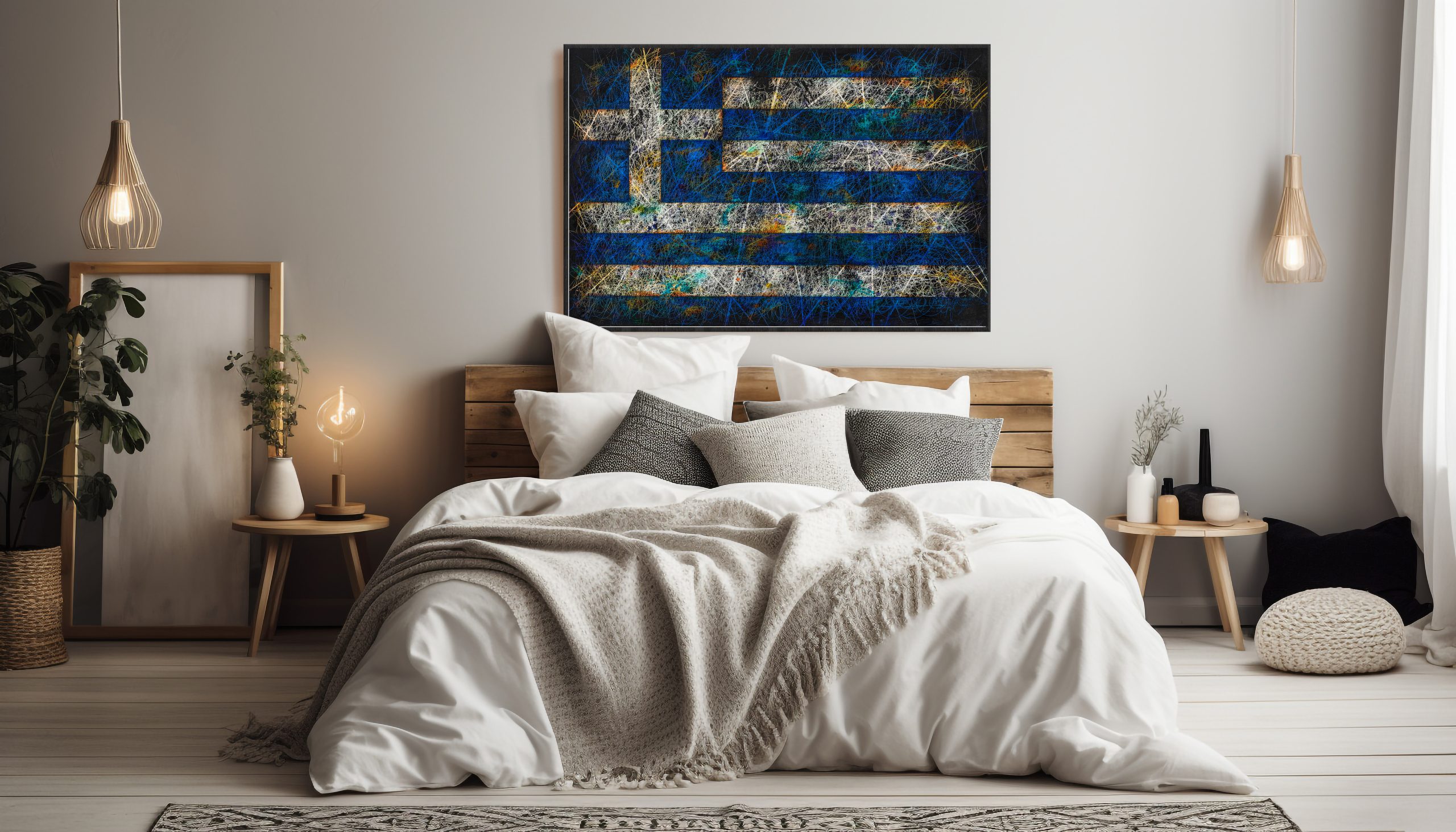 Comfortable modern bedroom with elegant wood headboard and Framed Flag of Greece as Modern Interior Wall Decor