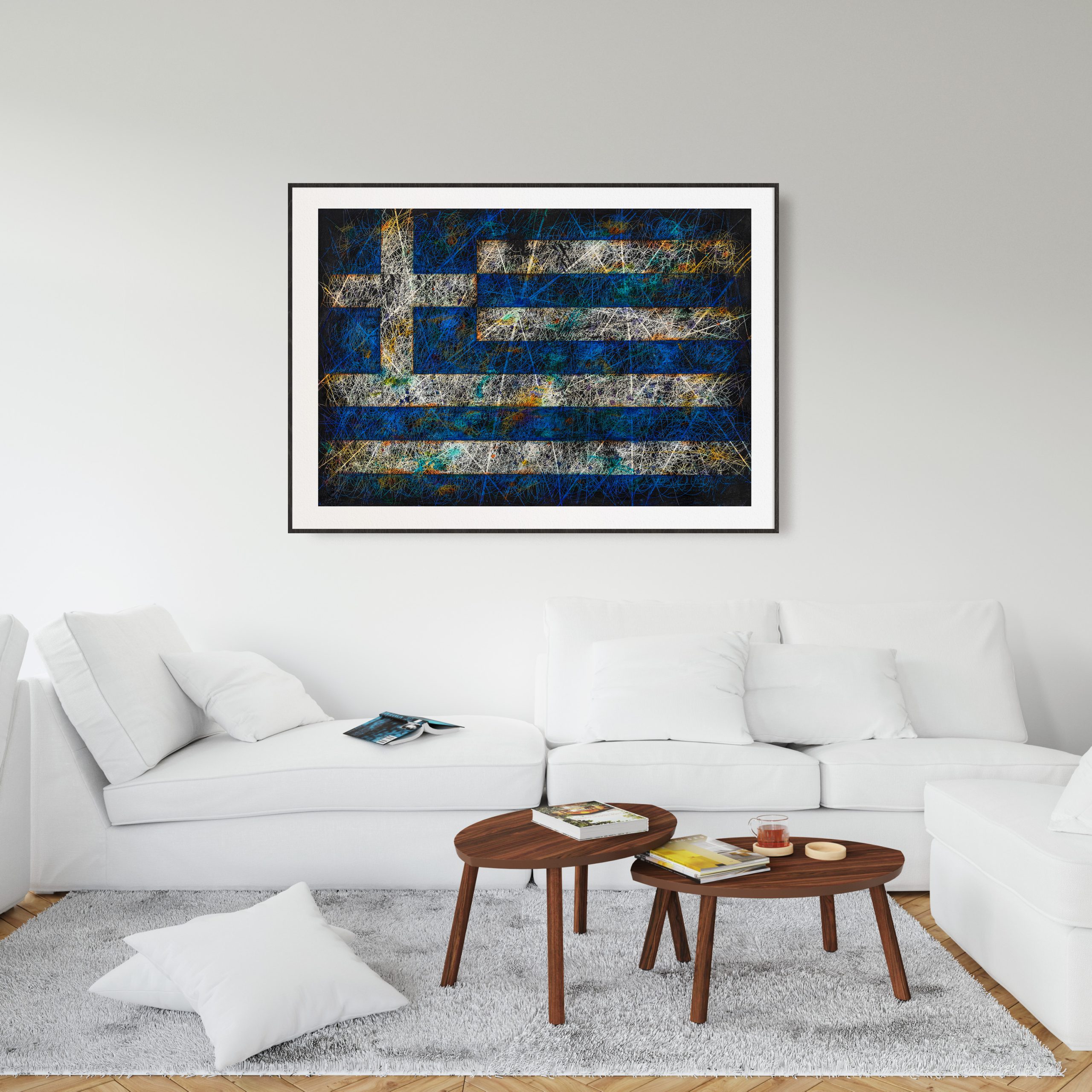 Modern apartment with comfortable white sofa and Framed Flag of Greece as Modern Interior Wall Decor Modern apartment with comfortable white sofa and Framed Flag of Greece as Modern Interior Wall Decor