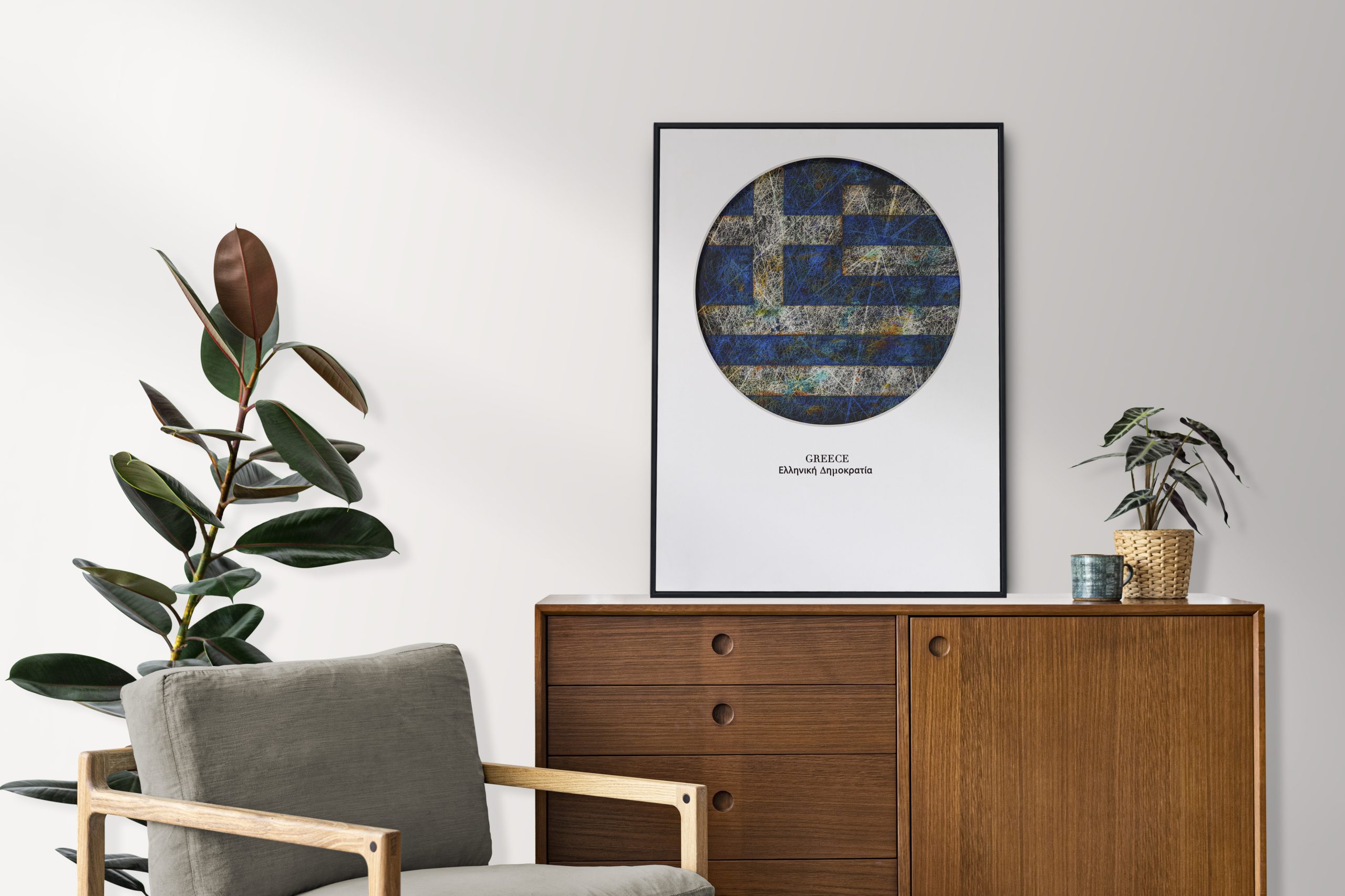 Greece Flag poster on a cabinet with Scandinavian home interior Greece Flag poster on a cabinet with Scandinavian home interior