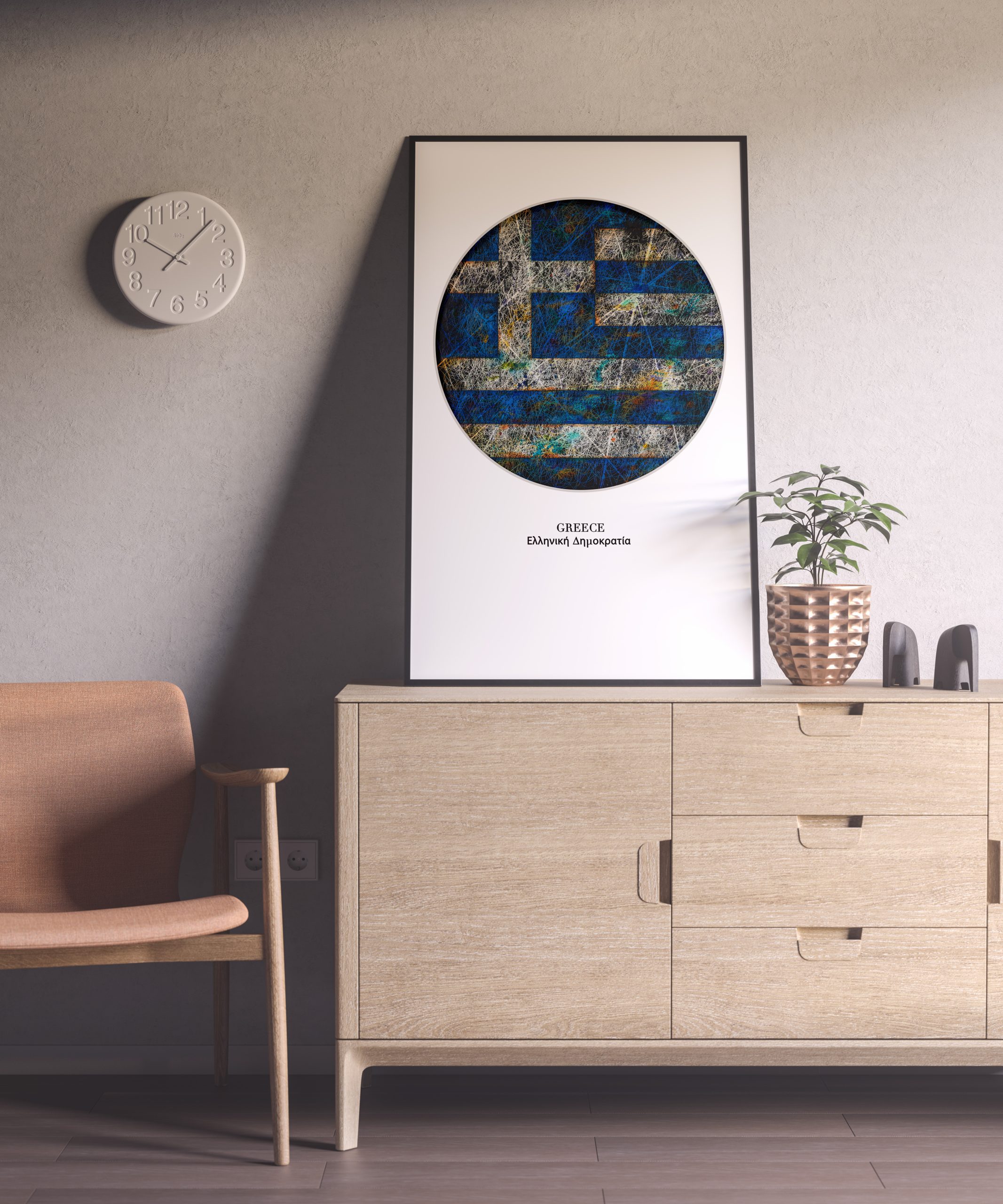 Greece Flag poster on a cabinet with Scandinavian home interior Greece Flag poster on a cabinet with Scandinavian home interior